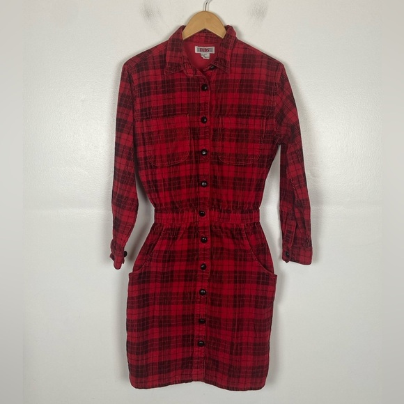 Fads VTG Corduroy Plaid Midi Dress Size S Red Long Sleeves Pockets Buttoned - Picture 1 of 11